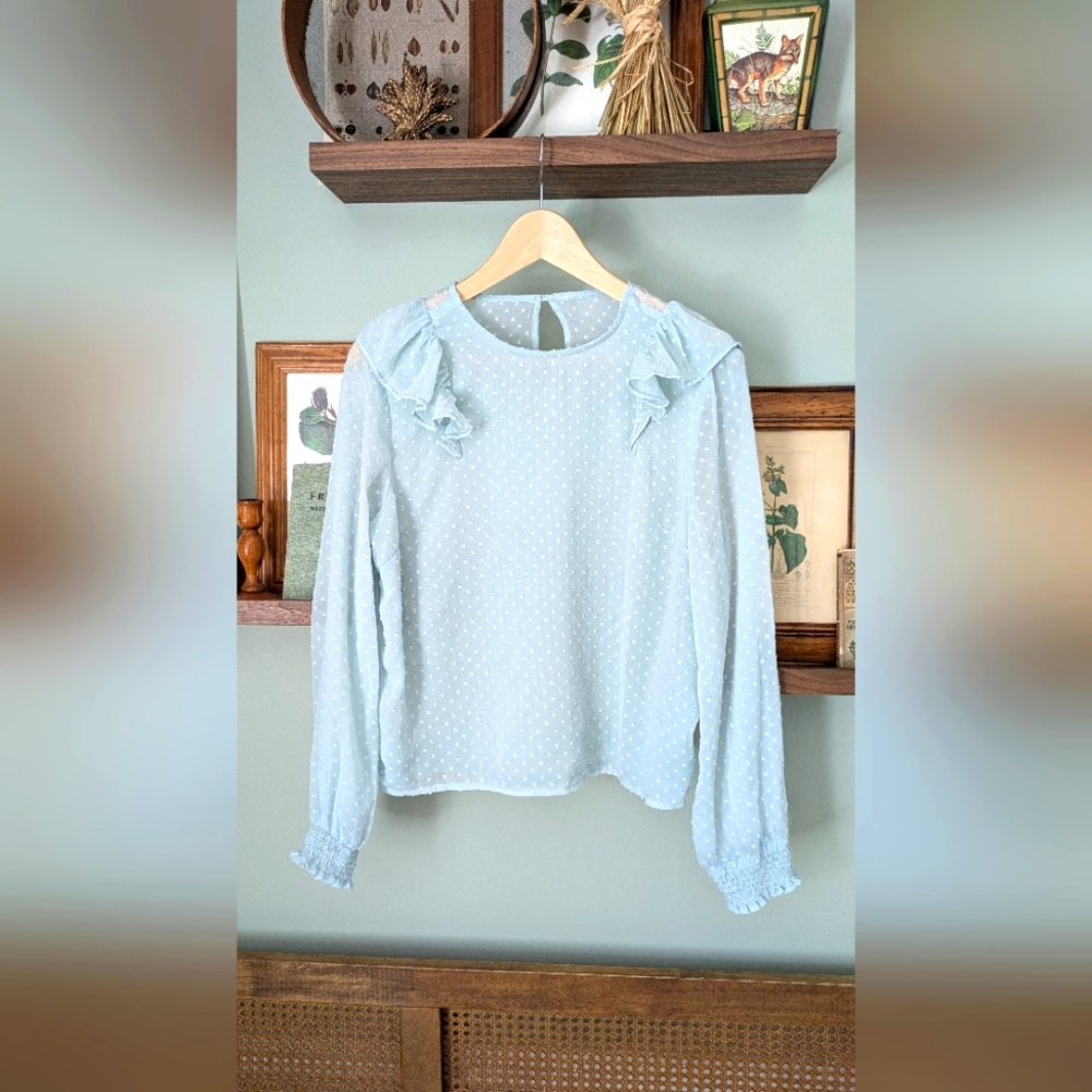 Light Blue Ruffle Detail Sheer Women's Top